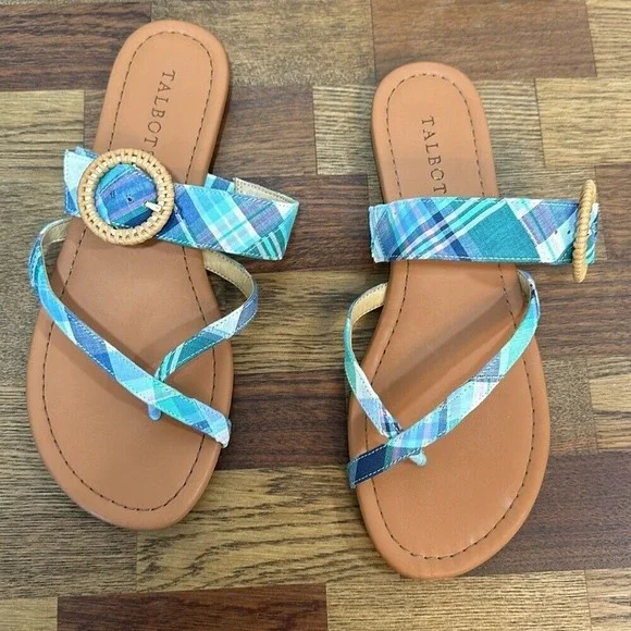 Talbots Womens Gia Buckle Sandal 8 Plaid Multi Criss Cross Summer Coastal Flat - Picture 4 of 7